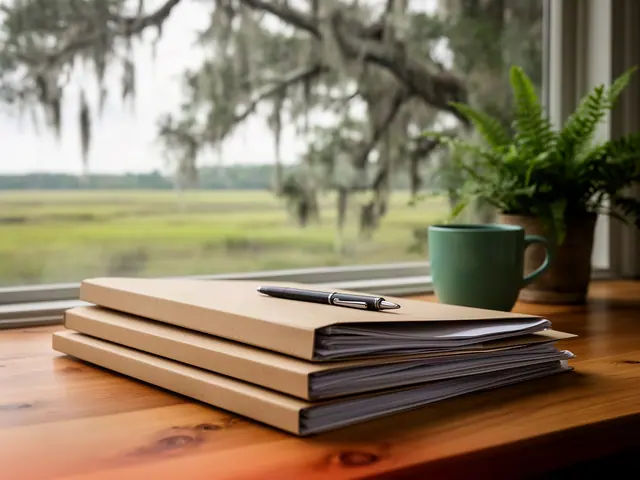 A neat stack of closed manila folders and a pen on a desk by a window.